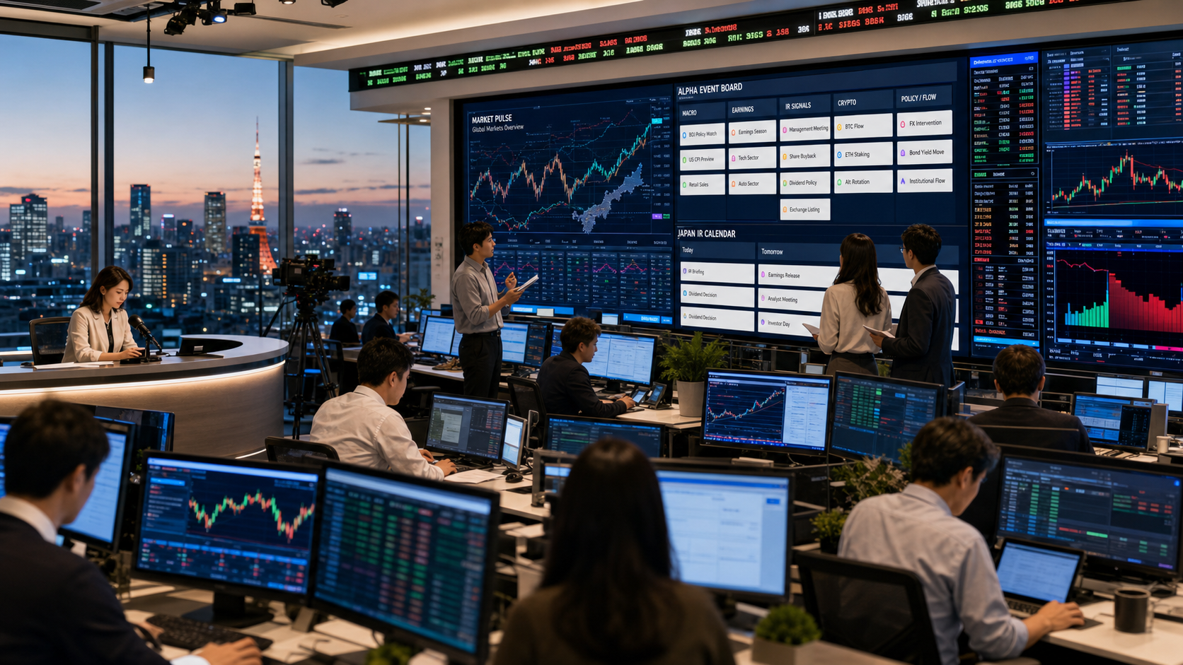 Tokyo trading newsroom with market screens, reporters, traders, crypto panels, and an alpha-event board