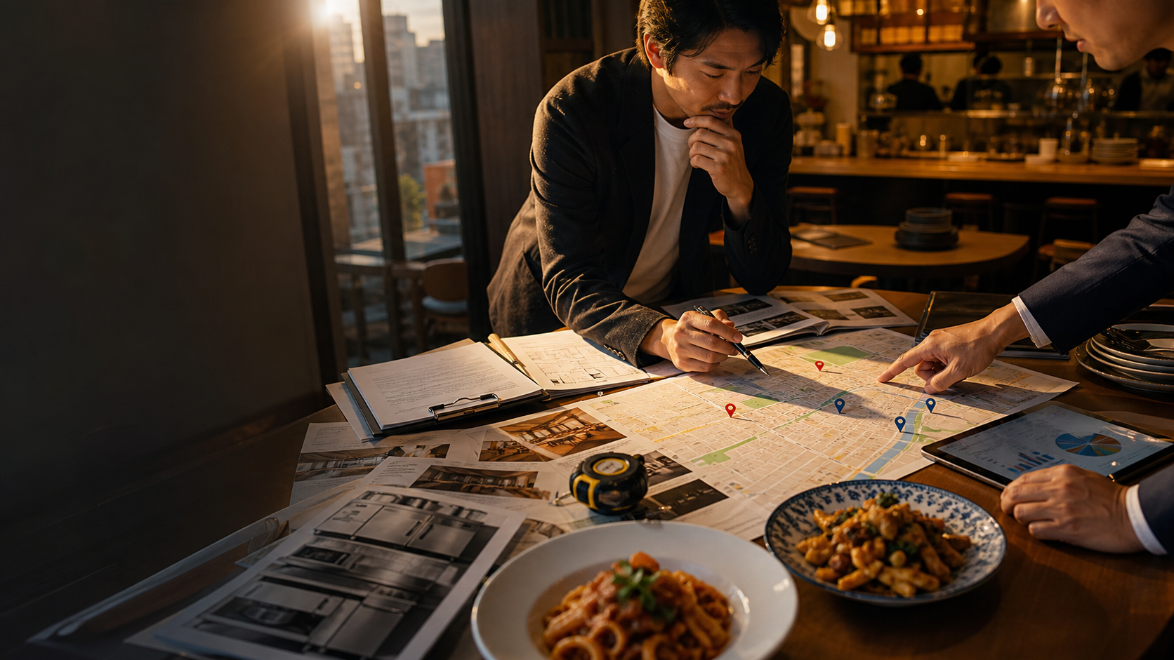 Restaurant founder planning a new shop with market map, lease documents, kitchen equipment, and sample cuisine concepts