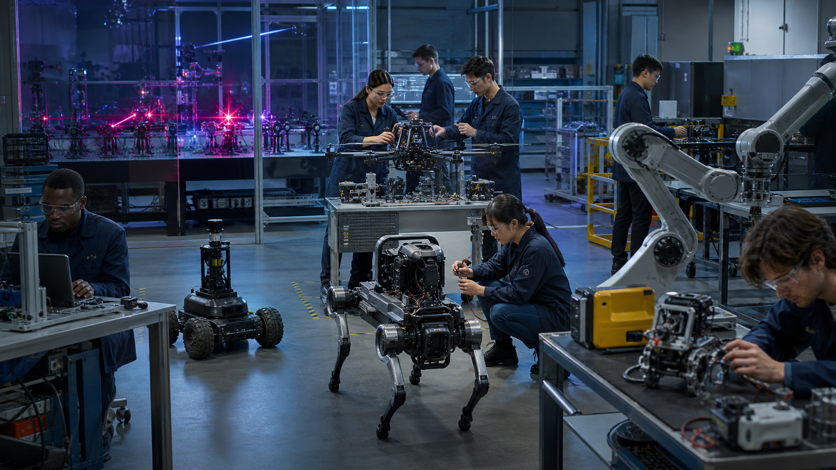 Machine autonomy lab with drones, mobile robots, robotic arms, sensor benches, and optical research equipment