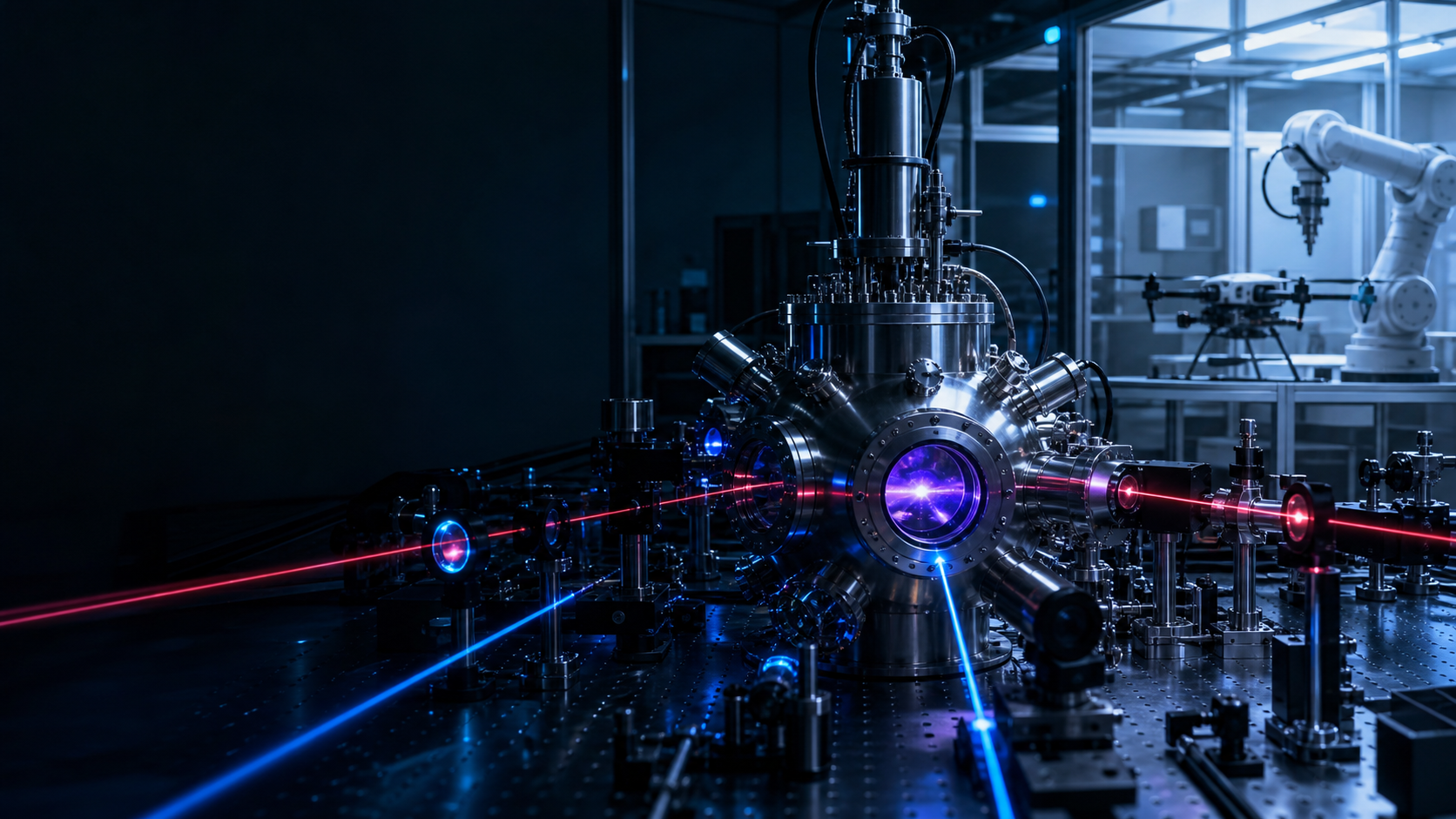 Cold-atom laboratory with MOT-style vacuum chamber, crossing lasers, and industrial robot calibration context